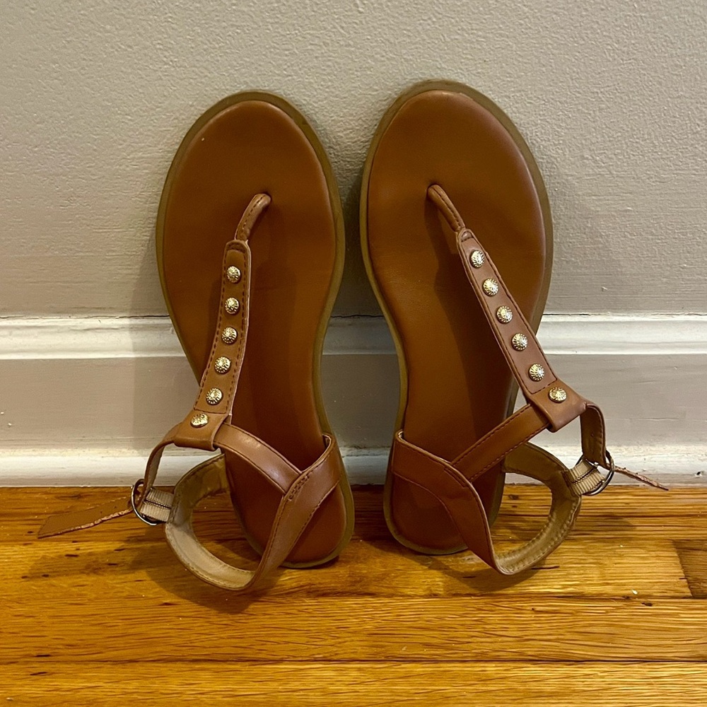 Jack Rogers Tan Leather Sandals with Gold Accents Size 6